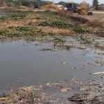 Neer - SIMBHAOLI SUGAR LIMITED Jadhopur Pond Project - NEER Pond-like field with muddy water and floating vegetation; a tractor and workers in the far background in a rural farm.