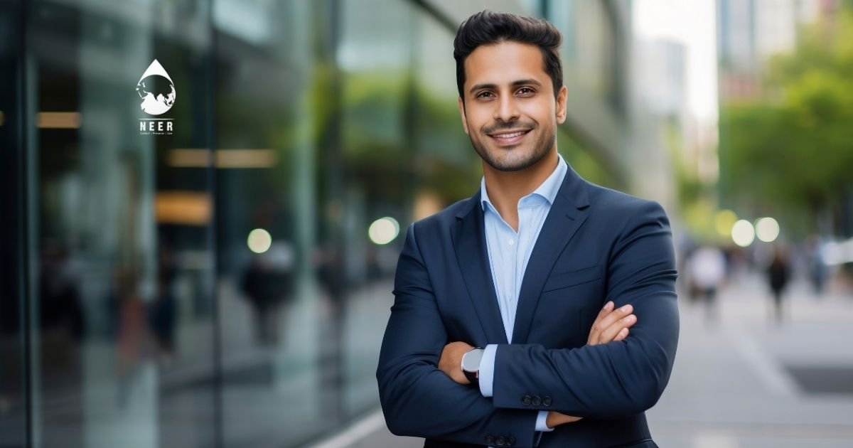 Young businessman in a navy suit smiles with arms crossed outside a glass office building; NEER logo visible on the left.